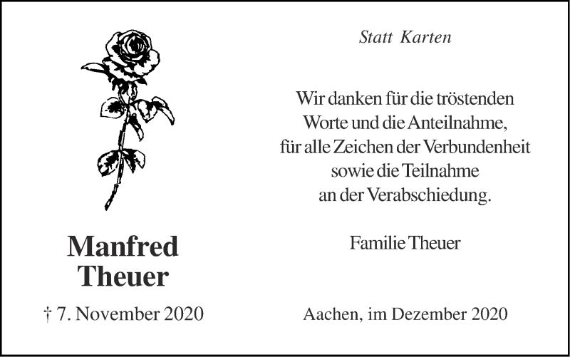  Traueranzeige für Manfred Theuer vom 20.12.2020 aus Zeitung am Sonntag