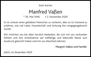 Traueranzeige von Manfred Vaßen von Zeitung am Sonntag
