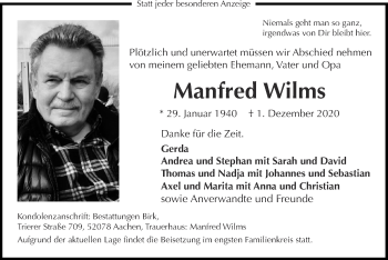 Traueranzeige von Manfred Wilms von Zeitung am Sonntag