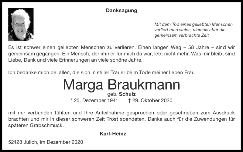  Traueranzeige für Marga Braukmann vom 20.12.2020 aus Zeitung am Sonntag