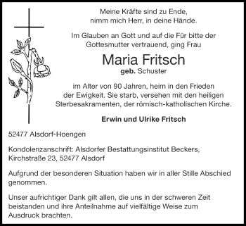 Traueranzeige von Maria Fritsch von Zeitung am Sonntag