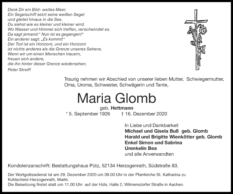  Traueranzeige für Maria Glomb vom 27.12.2020 aus Zeitung am Sonntag