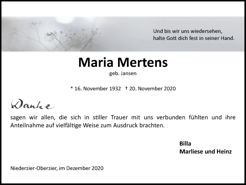  Traueranzeige für Maria Mertens vom 20.12.2020 aus Zeitung am Sonntag