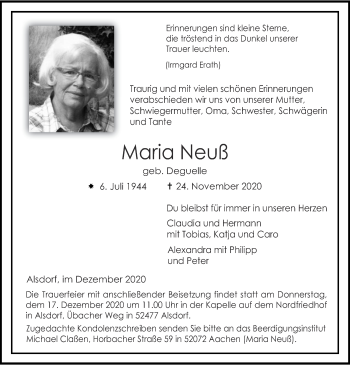 Traueranzeige von Maria Neuß von Zeitung am Sonntag
