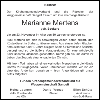 Traueranzeige von Marianne Mertens von Zeitung am Sonntag