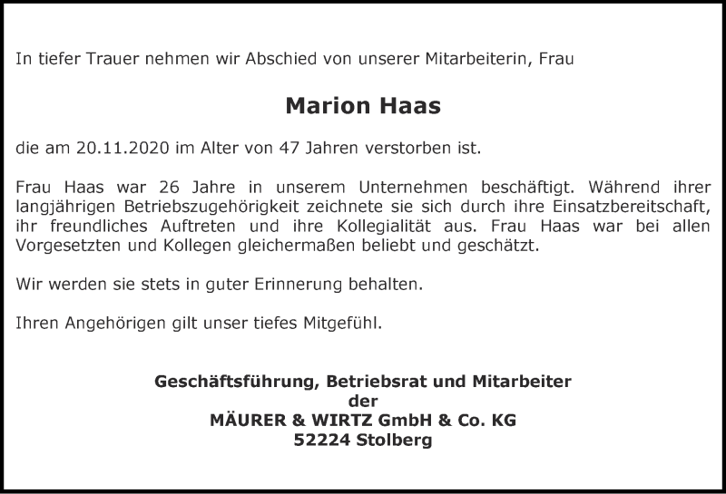  Traueranzeige für Marion Haas vom 06.12.2020 aus Zeitung am Sonntag