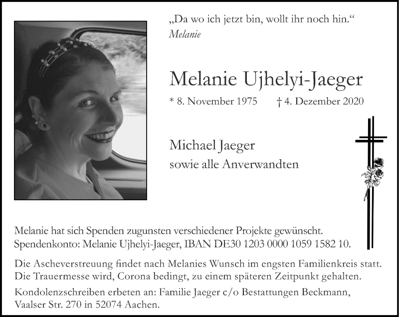  Traueranzeige für Melanie Ujhelyi-Jaeger vom 13.12.2020 aus Zeitung am Sonntag