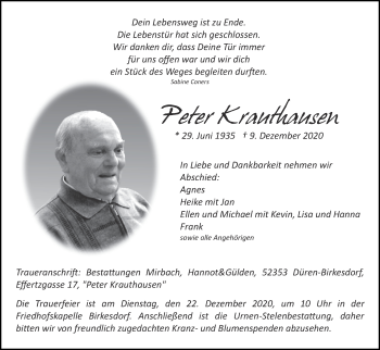 Traueranzeige von Peter Krauthausen von Zeitung am Sonntag