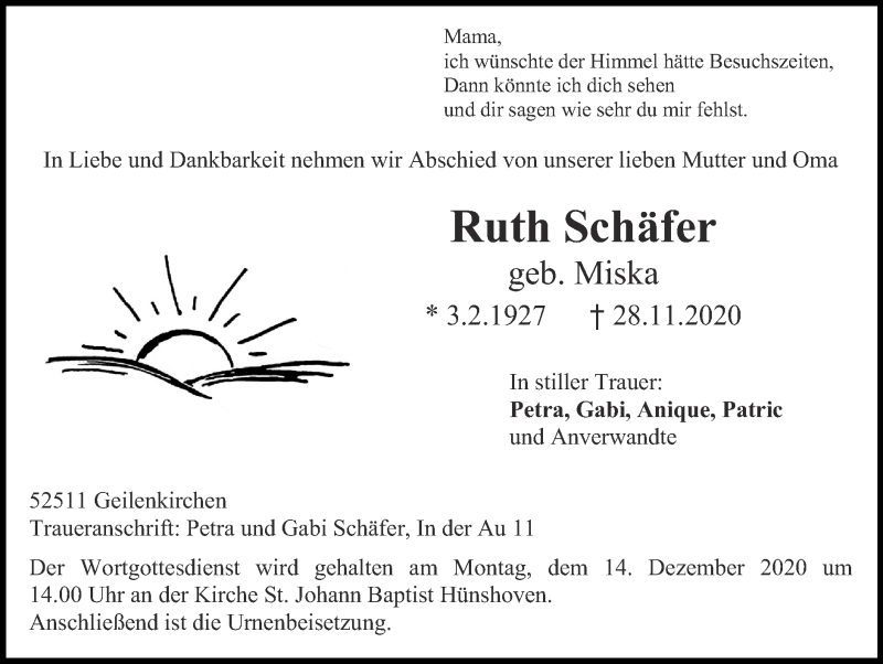  Traueranzeige für Ruth Schäfer vom 06.12.2020 aus Zeitung am Sonntag