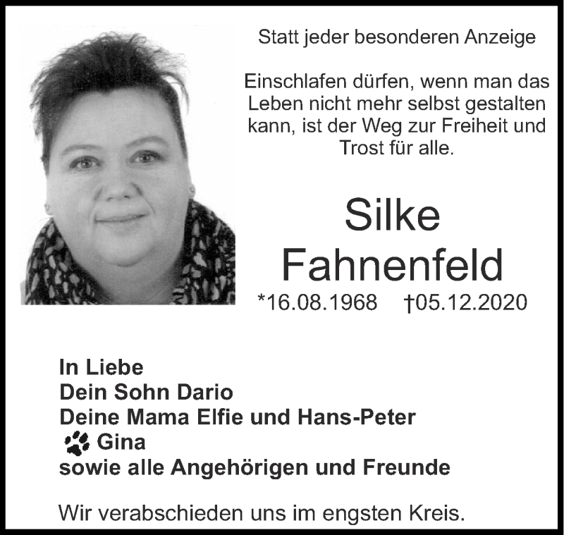  Traueranzeige für Silke Fahnenfeld vom 13.12.2020 aus Zeitung am Sonntag
