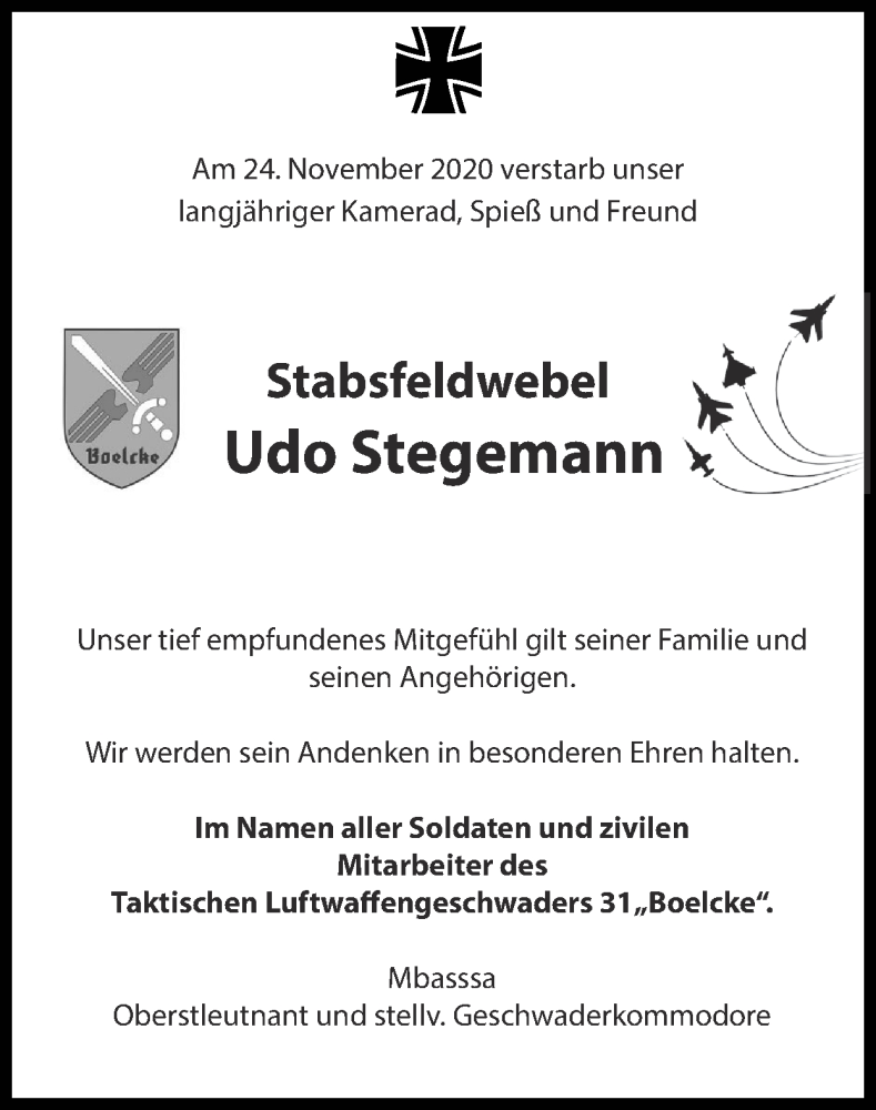  Traueranzeige für Udo Stegemann vom 06.12.2020 aus Zeitung am Sonntag