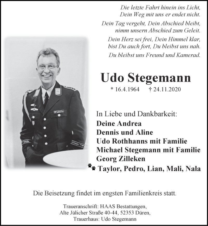 Traueranzeige für Udo Stegemann vom 06.12.2020 aus Zeitung am Sonntag
