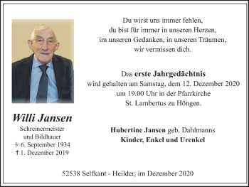 Traueranzeige von Willi Jansen von Zeitung am Sonntag