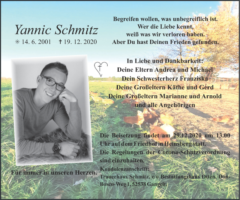  Traueranzeige für Yannic Schmitz vom 27.12.2020 aus Zeitung am Sonntag