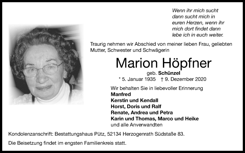  Traueranzeige für Marion Höpfner vom 20.12.2020 aus Zeitung am Sonntag