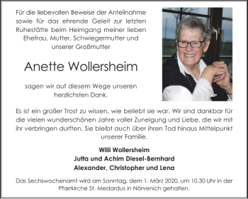 Traueranzeige von Anette Wollersheim von Aachener Zeitung / Aachener Nachrichten