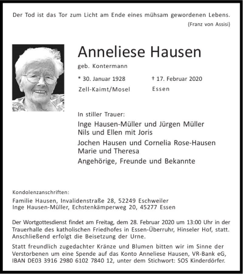  Traueranzeige für Anneliese Hausen vom 23.02.2020 aus Super Sonntag / Super Mittwoch