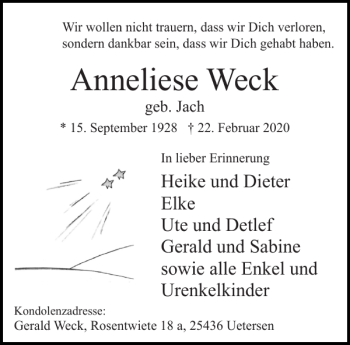 Traueranzeige von Anneliese Weck von Aachener Zeitung / Aachener Nachrichten