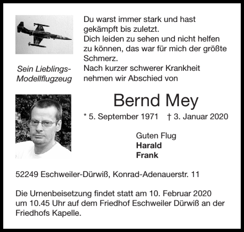  Traueranzeige für Bernd Mey vom 09.02.2020 aus Super Sonntag / Super Mittwoch