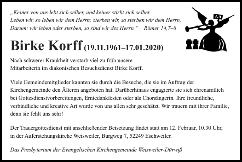  Traueranzeige für Birke Korff vom 09.02.2020 aus Super Sonntag / Super Mittwoch