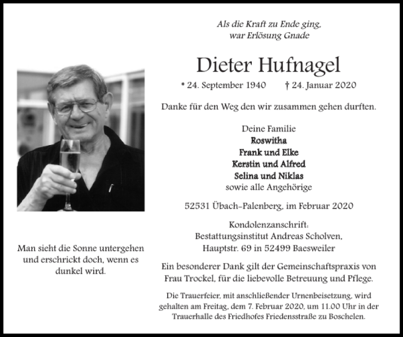  Traueranzeige für Dieter Hufnagel vom 02.02.2020 aus Super Sonntag / Super Mittwoch