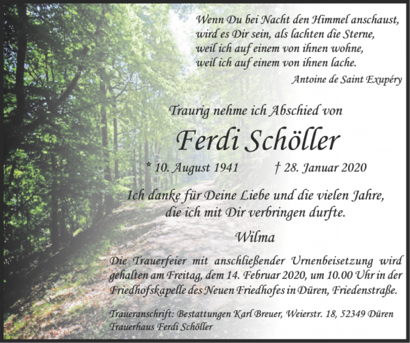  Traueranzeige für Ferdi Schöller vom 02.02.2020 aus Super Sonntag / Super Mittwoch