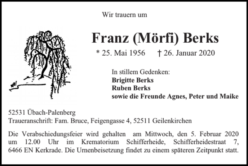  Traueranzeige für Franz Mörfi Berks vom 02.02.2020 aus Super Sonntag / Super Mittwoch