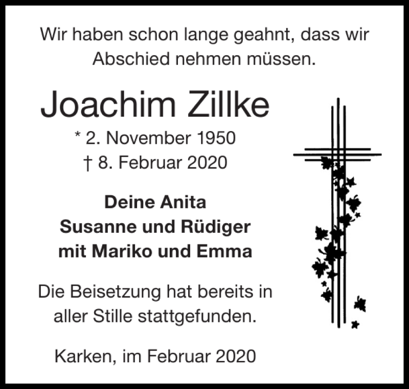  Traueranzeige für Joachim Zillke vom 23.02.2020 aus Super Sonntag / Super Mittwoch