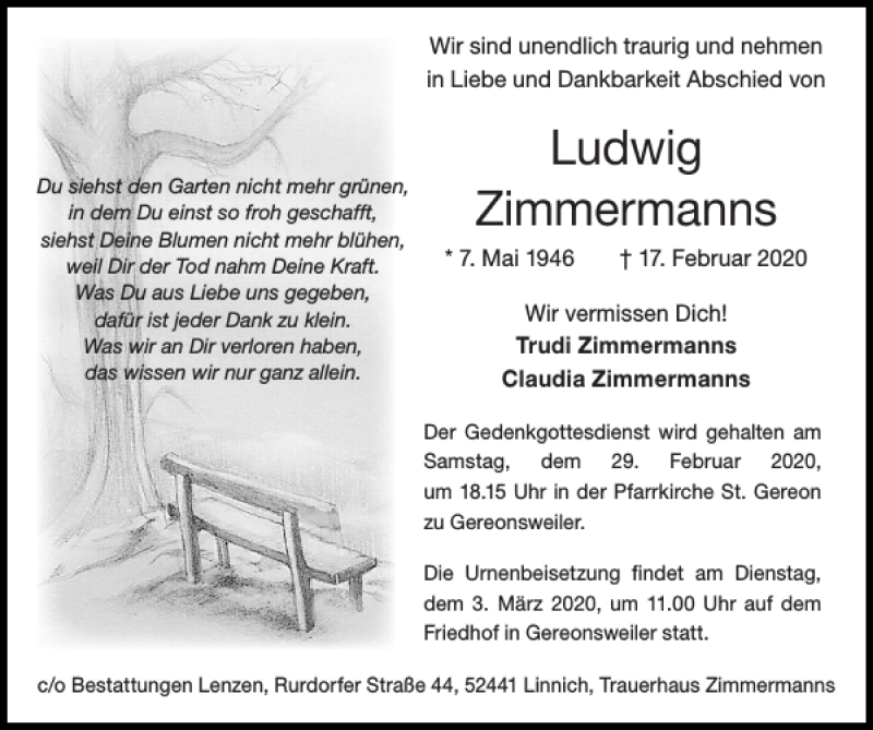  Traueranzeige für Ludwig Zimmermanns vom 23.02.2020 aus Super Sonntag / Super Mittwoch