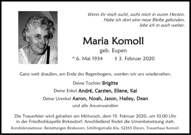  Traueranzeige für Maria Komoll vom 16.02.2020 aus Super Sonntag / Super Mittwoch