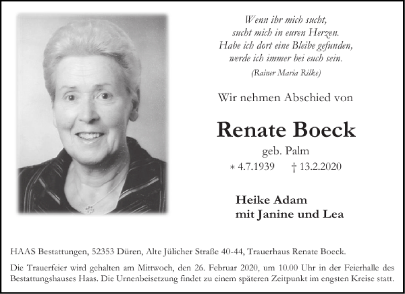 Traueranzeigen von Renate Boeck | Aachen gedenkt