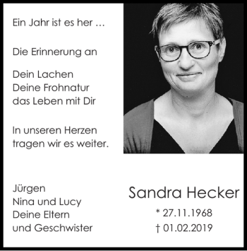 Traueranzeige von Sandra Hecker von Super Sonntag / Super Mittwoch