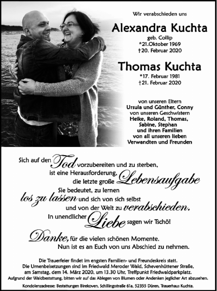  Traueranzeige für Alexandra und Thomas Kuchta vom 08.03.2020 aus Super Sonntag / Super Mittwoch