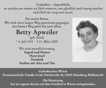 Traueranzeige von Betty Apweiler von Super Sonntag / Super Mittwoch
