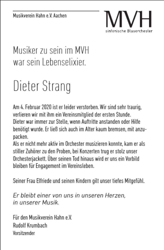  Traueranzeige für Dieter Strang vom 01.03.2020 aus Super Sonntag / Super Mittwoch