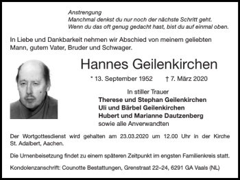 Traueranzeige von Hannes Geilenkirchen von Super Sonntag / Super Mittwoch