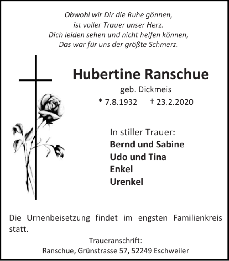 Traueranzeige für Hubertine Ranschue vom 15.03.2020 aus Super Sonntag / Super Mittwoch
