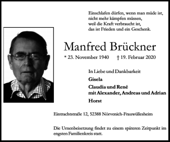 Traueranzeige von Manfred Brückner von Super Sonntag / Super Mittwoch