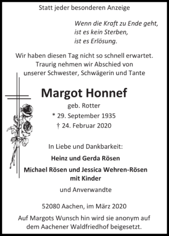 Traueranzeige von Margot Honnef von Super Sonntag / Super Mittwoch