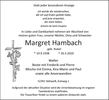 Traueranzeige von Margret Hambach von Super Sonntag / Super Mittwoch