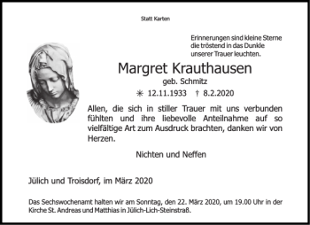 Traueranzeige von Margret Krauthausen von Aachener Zeitung / Aachener Nachrichten