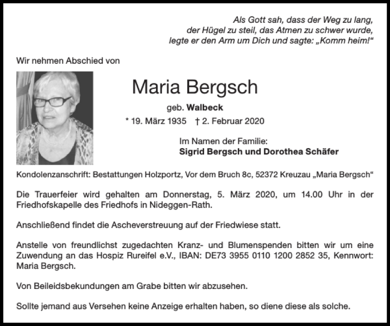  Traueranzeige für Maria Bergsch vom 01.03.2020 aus Super Sonntag / Super Mittwoch