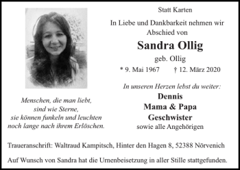 Traueranzeige von Sandra Ollig von Super Sonntag / Super Mittwoch