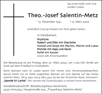 Traueranzeige von Theo.-Josef Salentin-Metz Theo.-Josef Salentin-Metz von Super Sonntag / Super Mittwoch