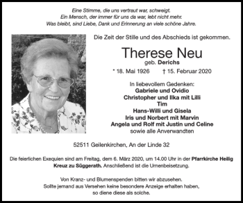 Traueranzeige von Therese Neu von Super Sonntag / Super Mittwoch