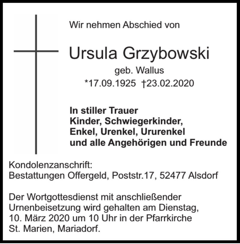  Traueranzeige für Ursula Grzybowski vom 01.03.2020 aus Super Sonntag / Super Mittwoch