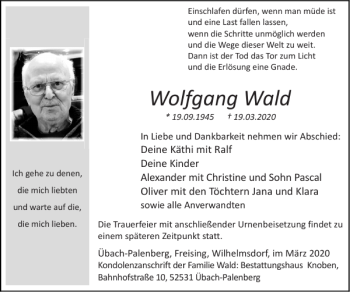 Traueranzeige von Wolfgang Wald von Super Sonntag / Super Mittwoch