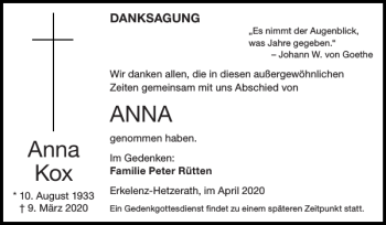 Traueranzeige von ANNA Anna Kox von Super Sonntag / Super Mittwoch