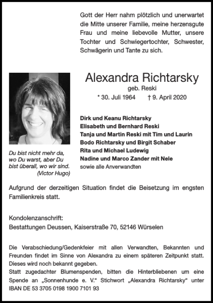  Traueranzeige für Alexandra Richtarsky vom 26.04.2020 aus Super Sonntag / Super Mittwoch