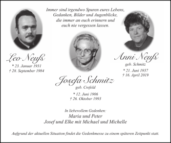 Traueranzeige von Anni Neuß Leo Neuß Josefa Schmitz  von Super Sonntag / Super Mittwoch